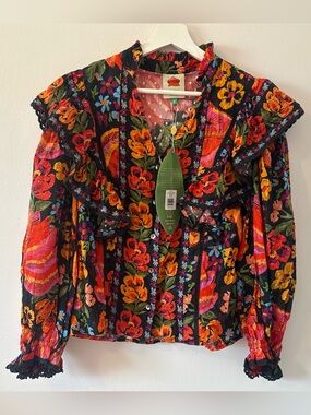 NWT Farm Rio Boho Floral Ruffle Blouse Size Medium Spring Bananas Flowy Tropical